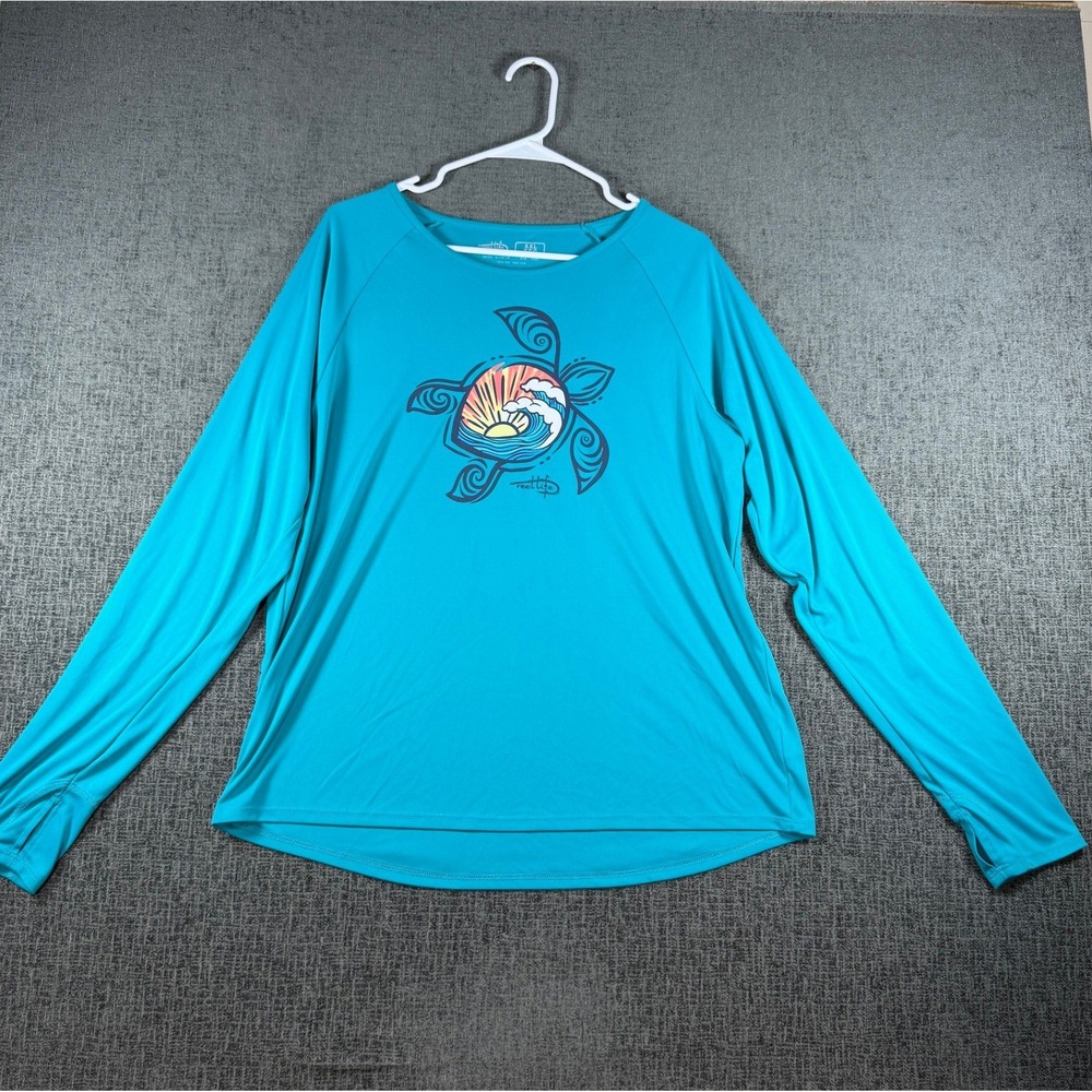 Reel Life Sun Shirt Mens XXL Blue Sea Turtle Graphic LS Fishing Performance